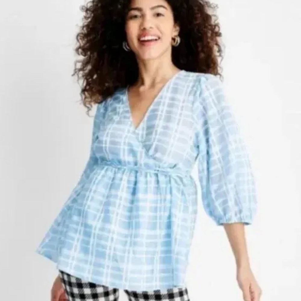 The Future Collective NWT Sheer Blue/White Gingham V Neck Wrap Shirt Size M
